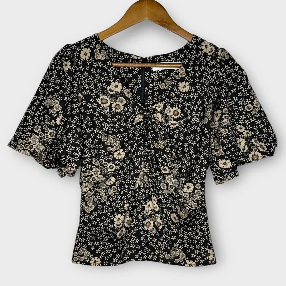 ASTR Multi Floral Black Taupe Balloon Puff Sleeve Top Deep V Whimsygoth Sz Small